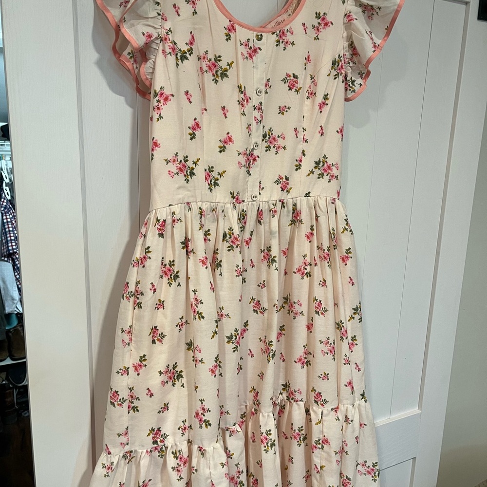 Ivy City Co Cream Midi Dress with Pink Floral Print